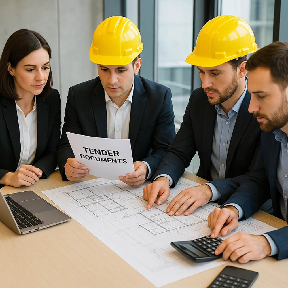 construction tender preparation team reviewing documents
